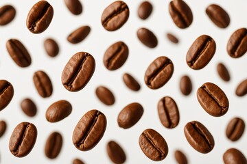 Aromatic Roasted Coffee Beans Captured in Mid-Air Dynamically Floating and Falling Isolated on a Clean White Background Perfect for Coffee Advertising