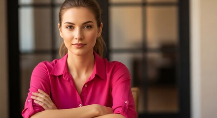 Confident woman portrait in pink shirt with arms crossed