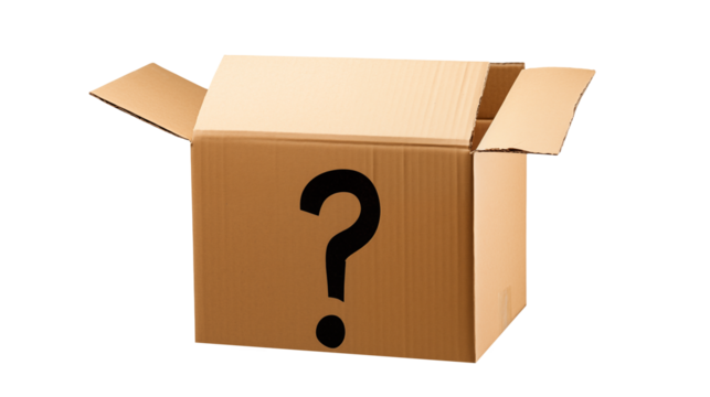 Open cardboard box with a question mark on the front side