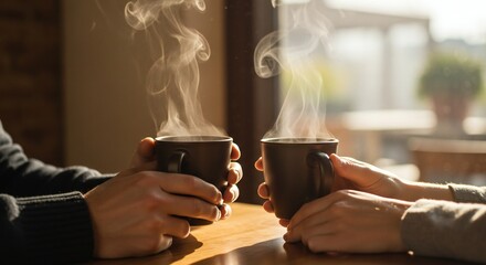 Two hands holding steaming black coffee mugs, soft natural lighting, warm and cozy cafe setting, intimate focus on connection.