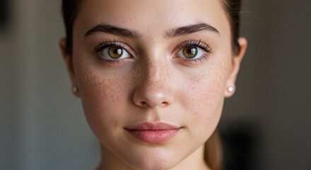Portrait of beautiful woman with green eyes and freckles face