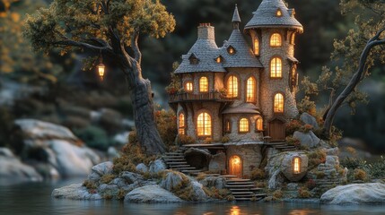 Enchanting fairytale stone house on lake glowing windows amidst nature whimsical cottage core style landscape