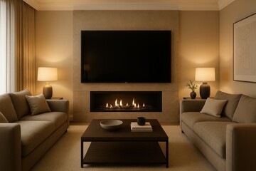 Luxurious contemporary living room featuring a massive high-definition smart TV mounted above a sleek fireplace with plush sofas and elegant decor creating an ultimate home theater experience.