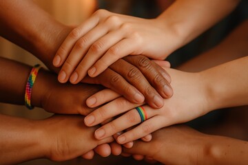 Rainbow spectrum of diverse human hands gently clasped and united in solidarity symbolizing LGBTQ+ community strength inclusion equity and the power of belonging.