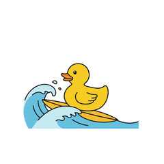 Fototapeta premium Yellow duck floating on surfboard in ocean waves 