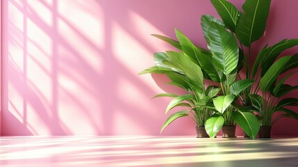 Tropical green leaf plants against pink wall with window shadow in sunlit minimalist indoor background