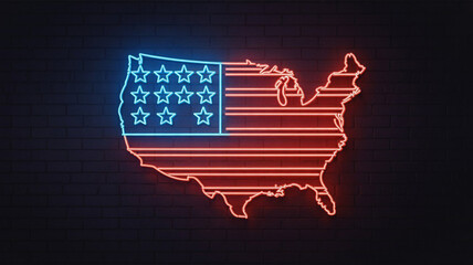 Neon sign of usa map with flag design