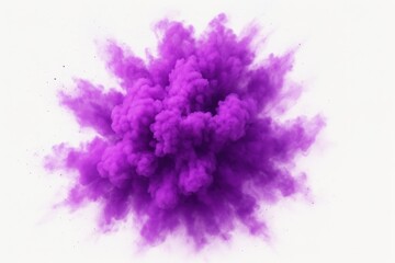 Fototapeta premium Dramatic plume of vibrant purple smoke or powder exploding and billowing outwards isolated on a clean white background creating a dynamic abstract effect