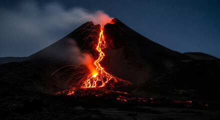 Dramatic Nightscape Of A Volcano Eruption Displaying Molten Lava Flow