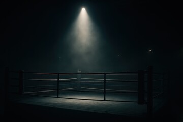 Dramatic wide shot of an empty professional boxing ring illuminated by a single bright spotlight from above in a dark and hazy arena creating a sense of anticipation for a fight night