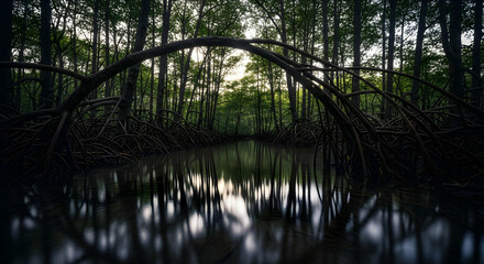 Obraz premium Mystical Mangrove Reflections Capturing Forest Beauty and Intricate Root Systems