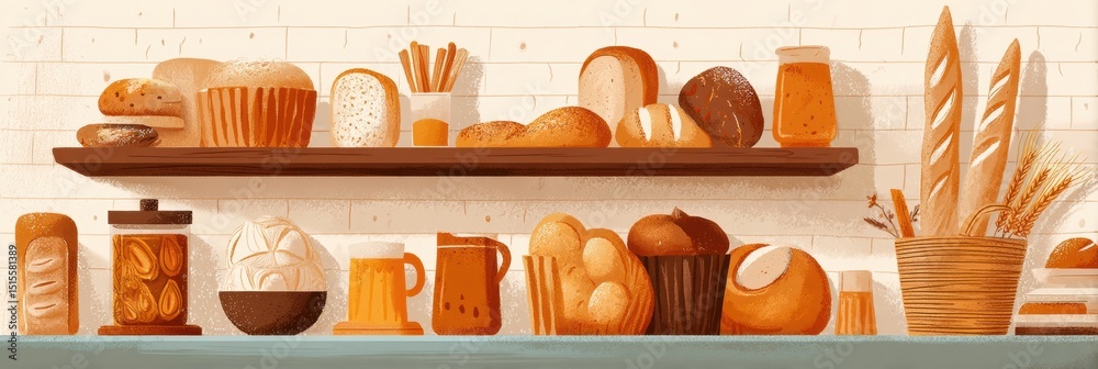 Poster delicious bakery shelf featuring an assortment of breads and pastries with a clean right margin
