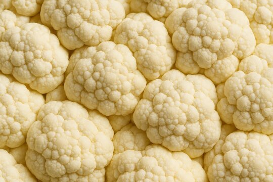 Full-frame close-up texture shot of fresh raw white cauliflower florets creating a healthy and natural food background