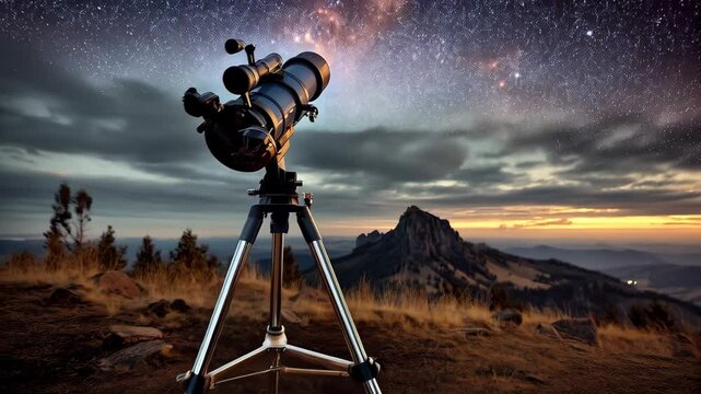 Telescope on tripod observes a starry night sky with distant galaxies over mountain landscape at twilight