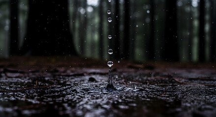 Ephemeral Forest: Water Droplets Creating Ripples On A Rain Soaked Ground