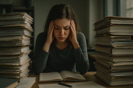 Overwhelmed young woman surrounded by towering stacks of paperwork at her desk her expression showing stress from workload or exam preparation in a relatable office or study setting