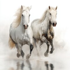 Obraz premium Two White Horses Running in Water
