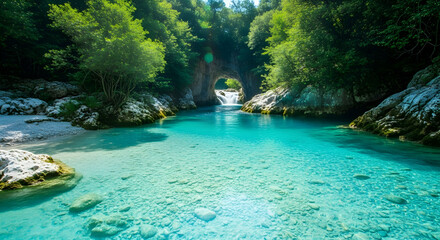 Azure River Flowing Through Nature's Gate at Hidden Forest