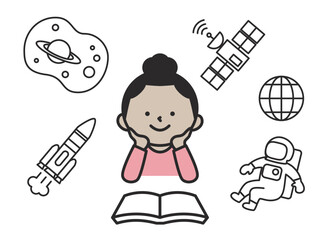 宇宙について学ぶ女の子のイラスト　理科・科学への興味を育むかわいい学習シーン
