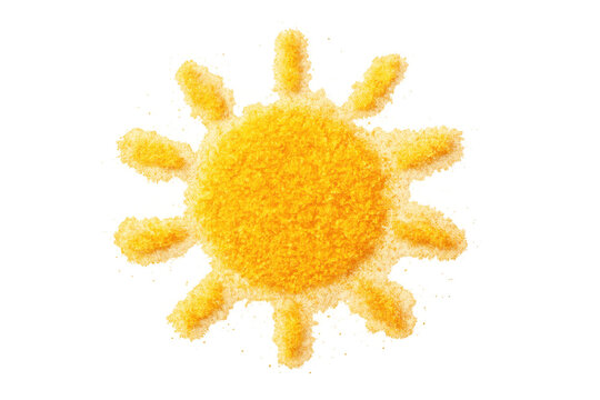 Bright yellow, fluffy sun radiating warmth and light, isolated on a transparent background, evokes feelings of joy and positivity