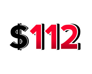 Bold red number $112 with a black dollar sign in a 3D style, featuring white and black outlines, creating a shadow effect on transparent background.