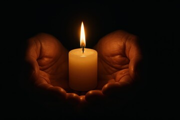 Clasped hands gently holding a single flickering candle its warm flame casting a soft glow in the darkness symbolizing hope prayer remembrance or vigila.