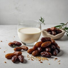 Dates and milk arranged for Eid ul Azha on a white background