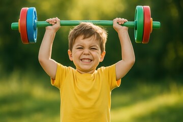 Determined young boy with a joyful expression proudly lifting a brightly colored toy barbell showcasing childhood strength and playful fitness.