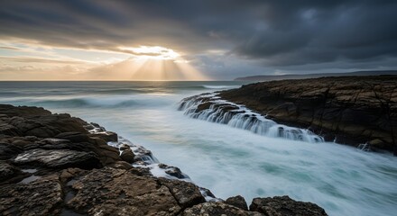 Fototapeta premium Dramatic sunlight breaks through stormy clouds, casting rays over a rugged coastline where waves crash over rocks, creating a serene, misty flow.