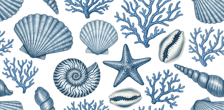 seamless pattern with blue shells starfish coral underwater ocean marine elements for nautical summer design watercolor