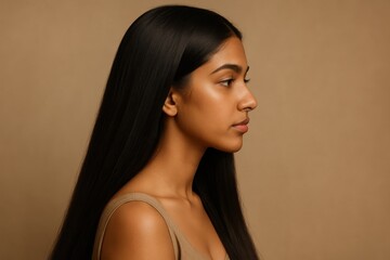 Naklejka premium Elegant profile portrait of a stunning young Indian woman with exceptionally long glossy dark hair and striking features against a warm beige studio background.