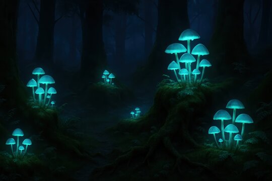 Enchanting forest scene at dusk with clusters of bioluminescent mushrooms casting an ethereal blue-green glow on mossy tree roots and ferns AI generated fantasy art.
