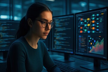 Focused female data scientist with glasses intently analyzing complex algorithms and colorful data visualizations on multiple computer screens in a futuristic high-tech office.