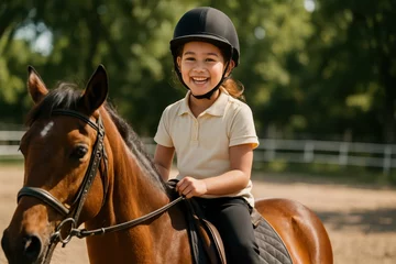 Rolgordijnen zonder boren Happy young girl with a bright smile wearing a riding helmet confidently seated on a gentle brown horse during an equestrian lesson looking directly at the camera. © Jelena