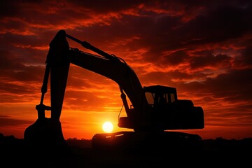 Heavy-duty yellow excavator silhouetted against a dramatic fiery orange sunset its powerful arm resting after a day's work on a large construction site.