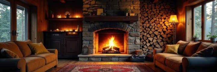 Crackling fire, stacked wood, cozy living room with exposed beams, rustic, farmhouse, home