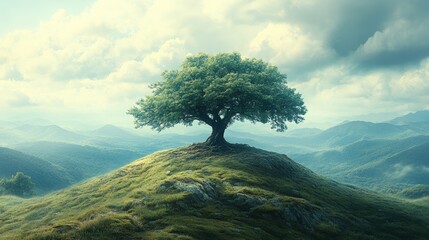 Solitary green tree crowning grassy knoll in rolling mountain landscape under a serene sky