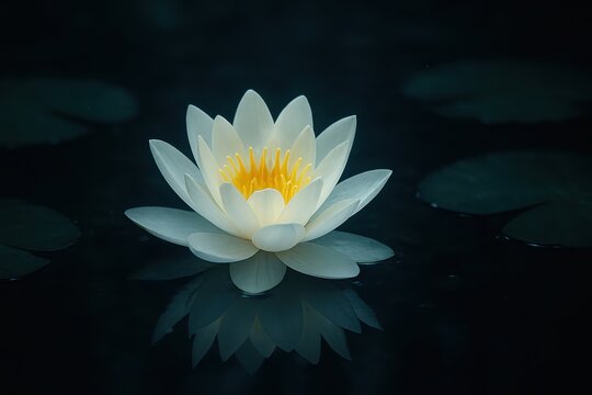 Perfectly bloomed white water lily with a golden yellow center floating serenely on the calm dark water of a magical pond its reflection shimmering softly.