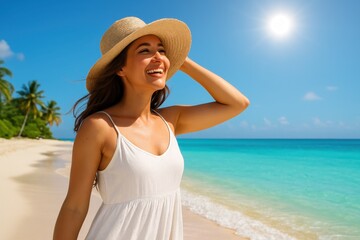 Radiant smiling woman in a flowy white sun dress and wide-brimmed straw hat enjoying a blissful beach holiday under a perfect clear blue sky AI generated.