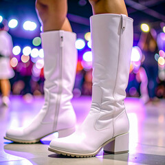 cosmic stride; crisp, white go-go boots with a futuristic twist