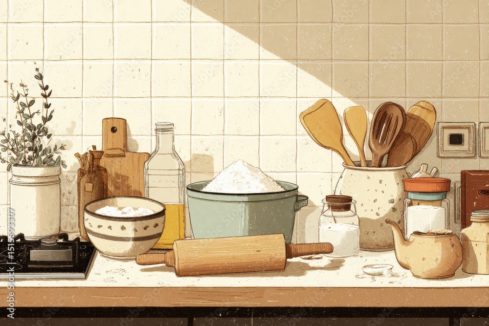 Aufkleber Charming Kitchen Illustration Featuring Flour and Rolling Pin With Soft Light Filtering Through the Upper Third