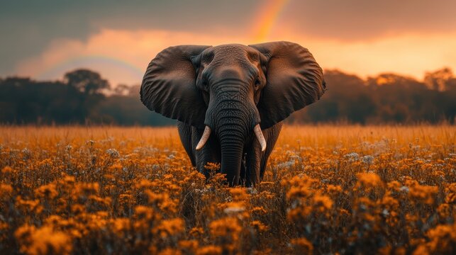 Captivating elephant in bloom meadow under sunset rainbow picturesque wildlife photo safari nature reserve beauty