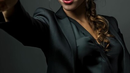 Smiling confident business woman in dark suit gesturing pointing finger directly towards viewer in a studio setting with professional lighting