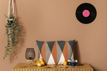 Pillow with pumpkins, fallen leaves and photo camera on commode in room