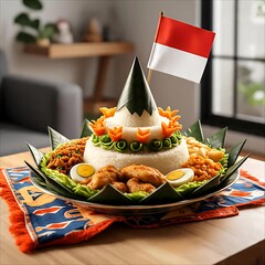 Indonesian Independence Day Tumpeng | Festive Tumpeng rice cone with Indonesian flag, celebrating Independence Day. A symbol of gratitude and national pride