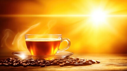 Obraz premium Warm Beverage Serenity: A captivating still life features a transparent cup of steaming brew, nestled beside scattered coffee beans under a golden, sunlit atmosphere.