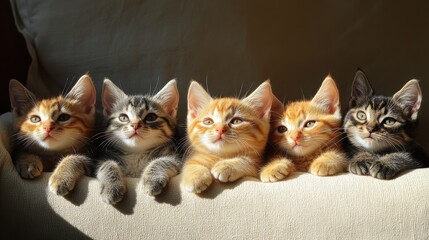 Adorable litter of playful tabby kittens perched together in sunshine warm cute feline family portraits