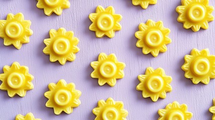 Fototapeta premium Sunflower Candy Delight: A vibrant overhead shot of yellow sunflower candies on a light purple surface, presenting a pleasing arrangement and offering a whimsical, playful visual treat.
