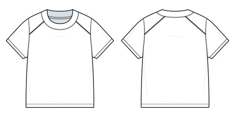 Sporty Oversized T-Shirt Technical Fashion Illustration. Classic Crewneck Tee with Contrasting Raglan-Style Panels Vector Template. Relaxed Fit. Front and Back View. CAD Mockup Set.