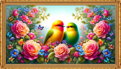 Close - up pictures of cute love bird and the beauty of nature. Picture of beautiful trees and shrubs, beautiful leaves and rose flowers. bird. (03)